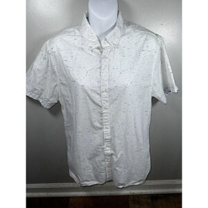 Demin & Flower Button Down Men's Medium White  Short Sleeve Slim Fit